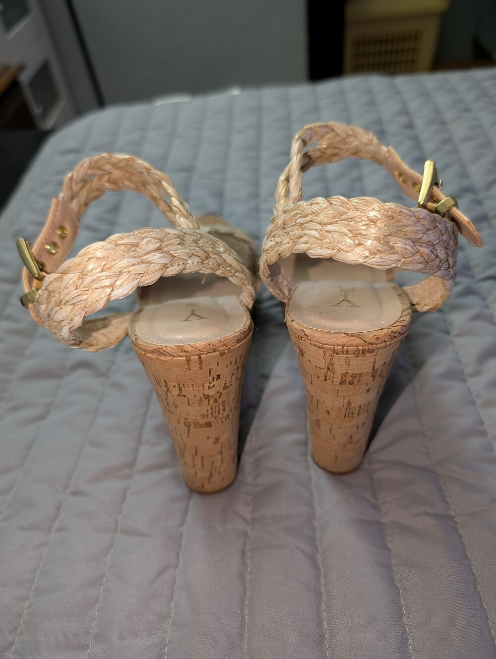 Braided Cork Wedge Sandals in Light Beige with Ankle Strap - Picture 6 of 6